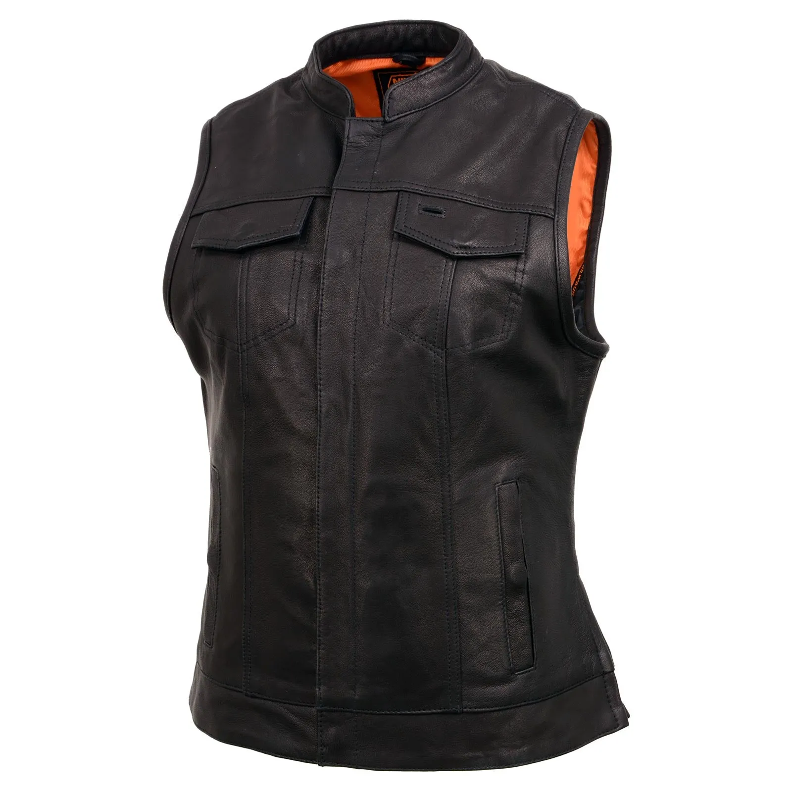MLL4512 Women’s Black Leather 'Lashes' Club Style Motorcycle Rider Vest W/ Concealed Dual Closure