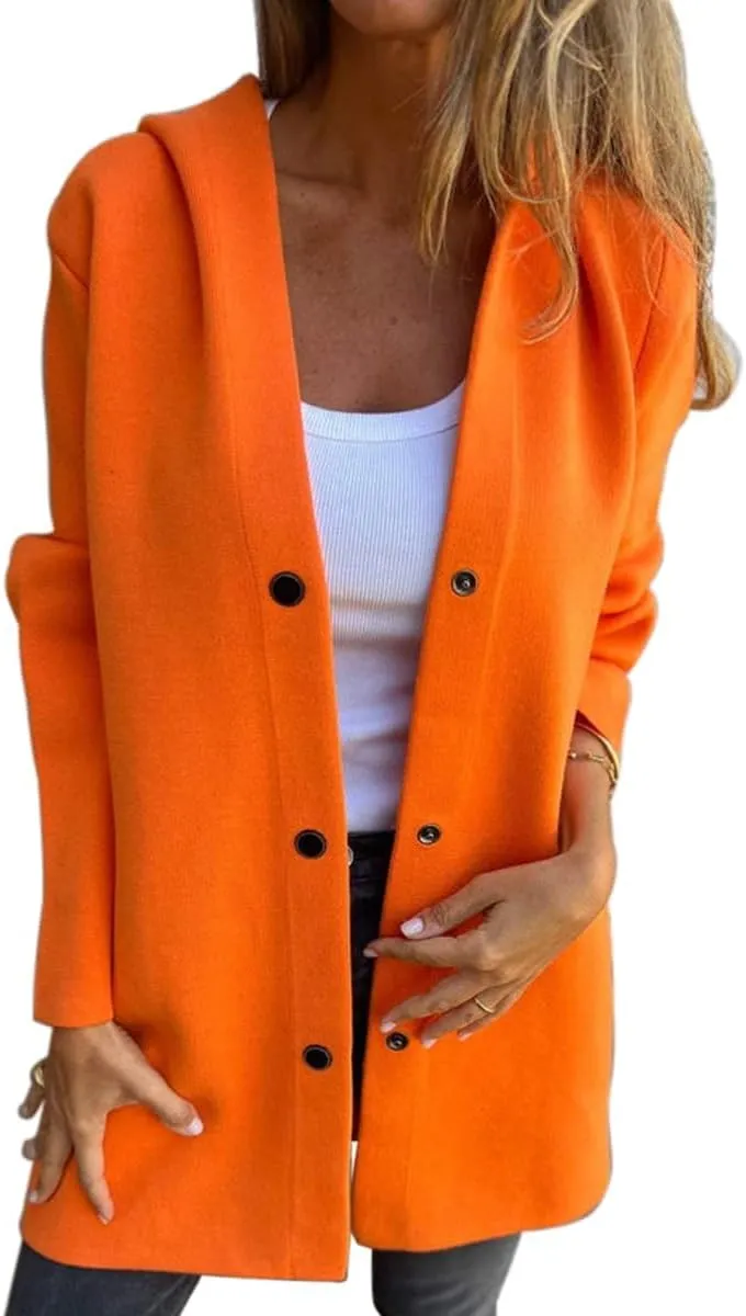 Mmoneyake Casual Jackets for Women Lapel Single Breasted Hooded Jacket Fall Trench Coat Long Sleeve Button Down Shirt Shacket