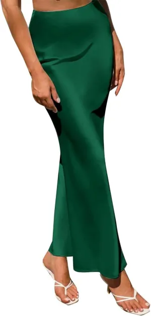 OBEEII Satin Skirts for Women High Waist Ruffle Mermaid Hem Silk Satin Maxi Skirt Cocktail Party Wedding Long Skirts