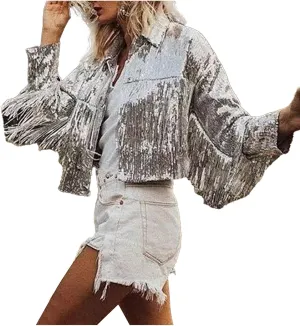 Oplxuo Women's Tassel Sequin Jacket Sparkly Retro Long Sleeve Club Party Glitter Fringe Jacket Cropped Sequin Coat Streetwear