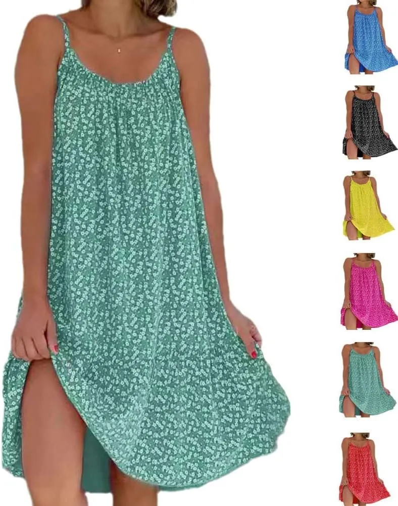OWTERY Camibloom Floral Printed Camisole Dress for Women, Summer Loose Fit Sleeveless Beach Mini Short Dresses Cami Dress (Green,XL)