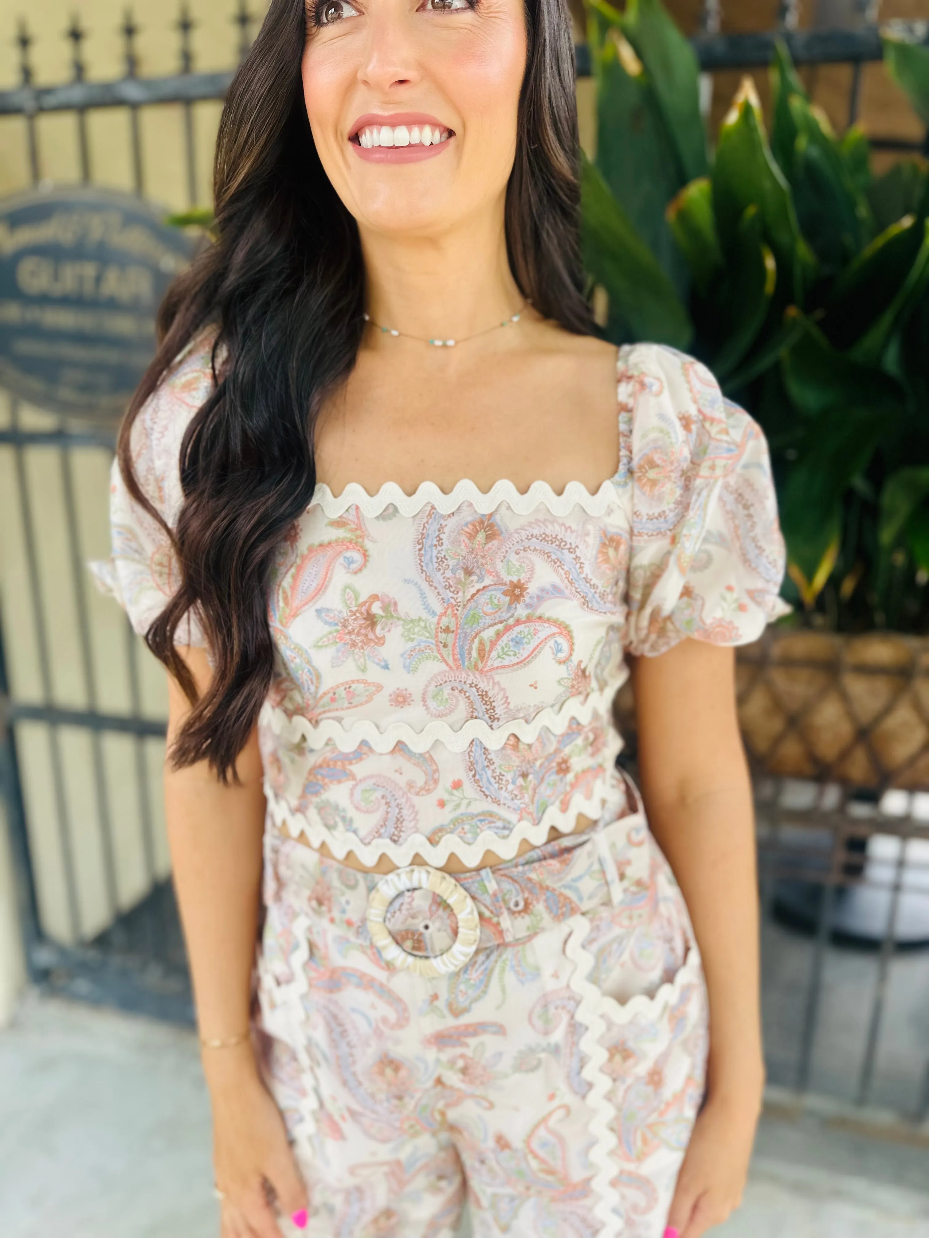 Paisley Square Neck Top- Cream