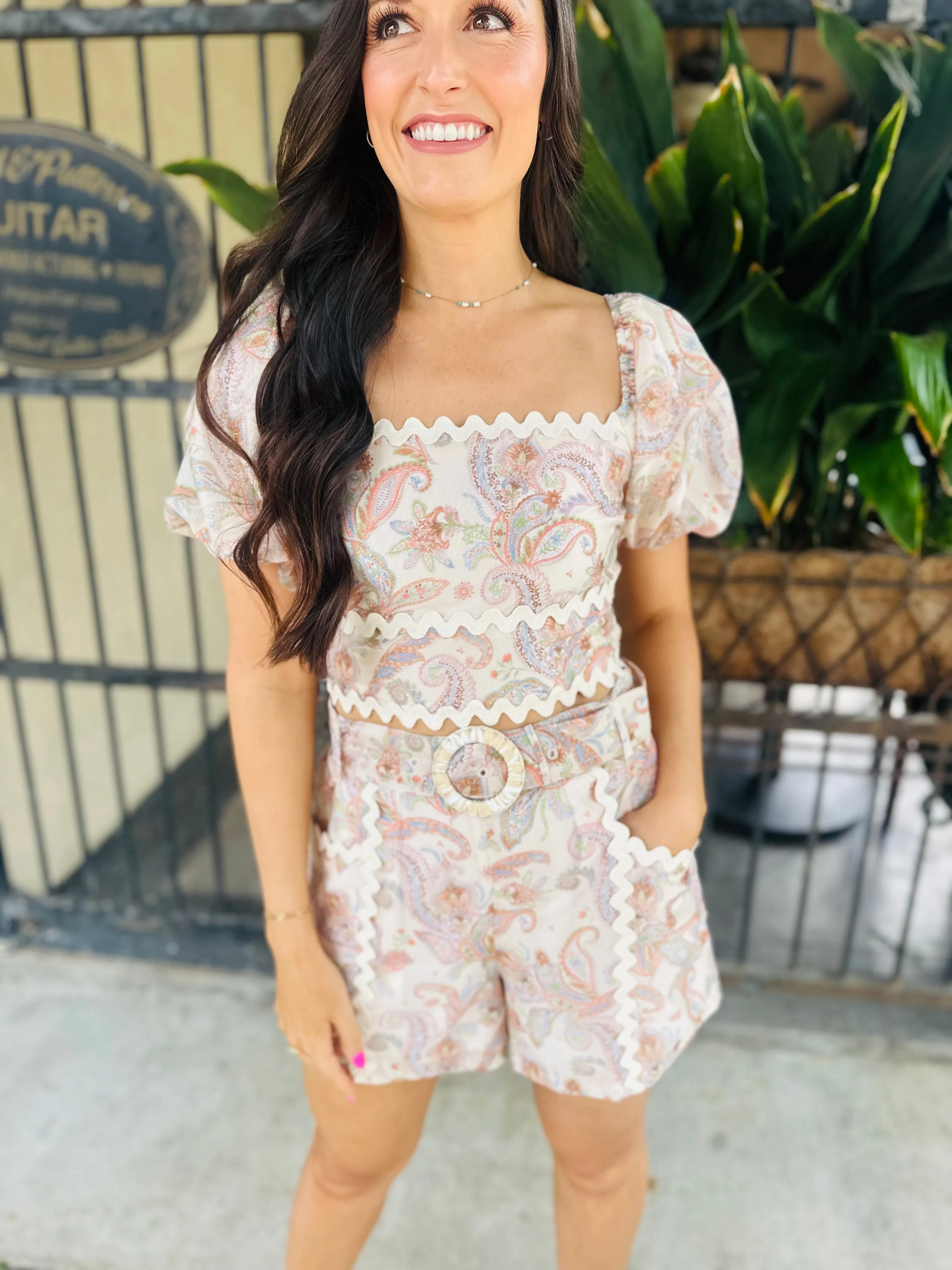 Paisley Square Neck Top- Cream