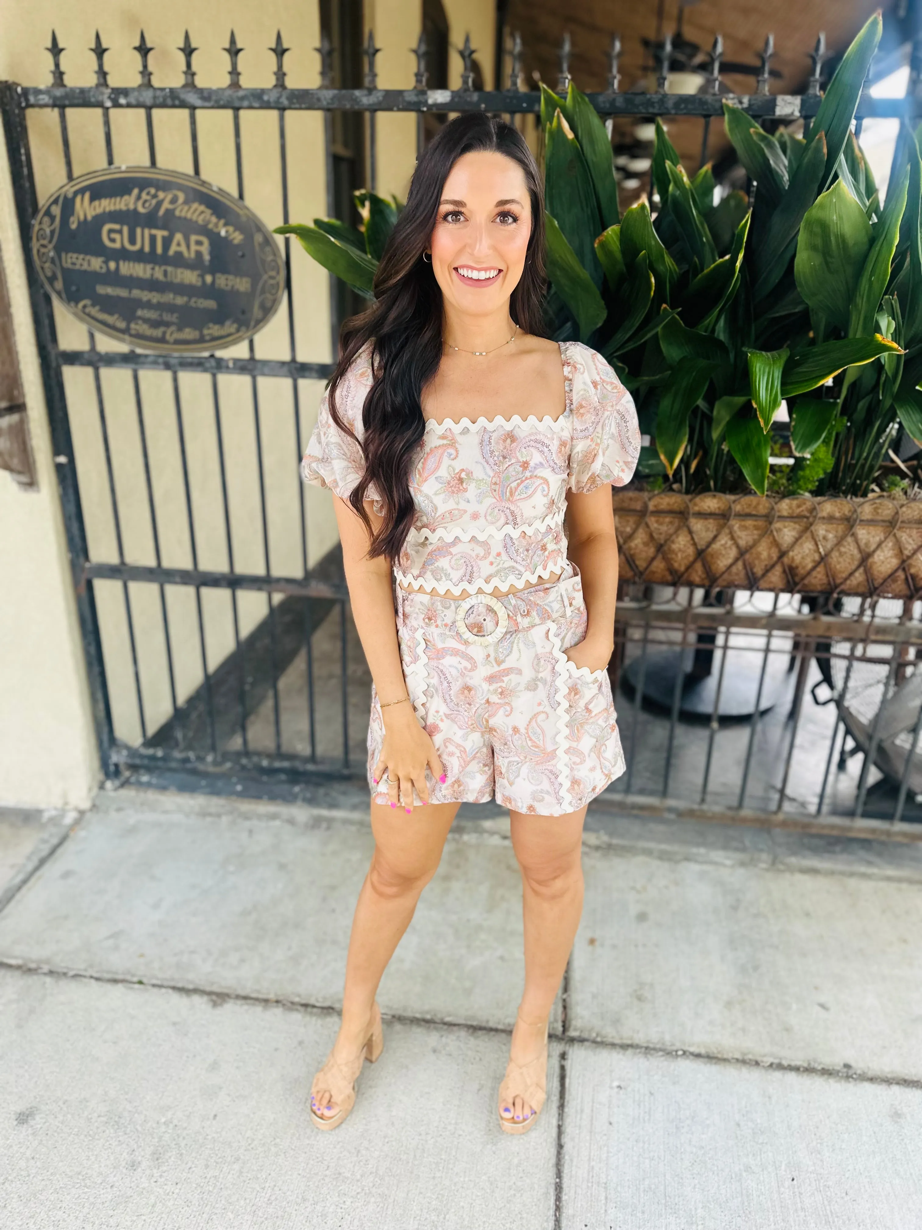 Paisley Square Neck Top- Cream