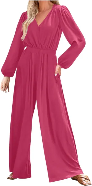 Pants for Women Summer Fall Loose Fit Pleated Flare Wide Leg Coveralls Pants One Piece Women 2025