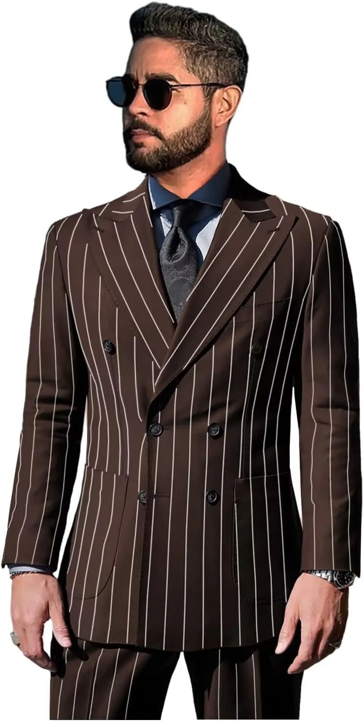 Pinstripe Suits for Men Double Breasted Tuxedo Regular Fit 2 Piece Blazer Pants Peak Lapel Suit Set for Wedding Prom