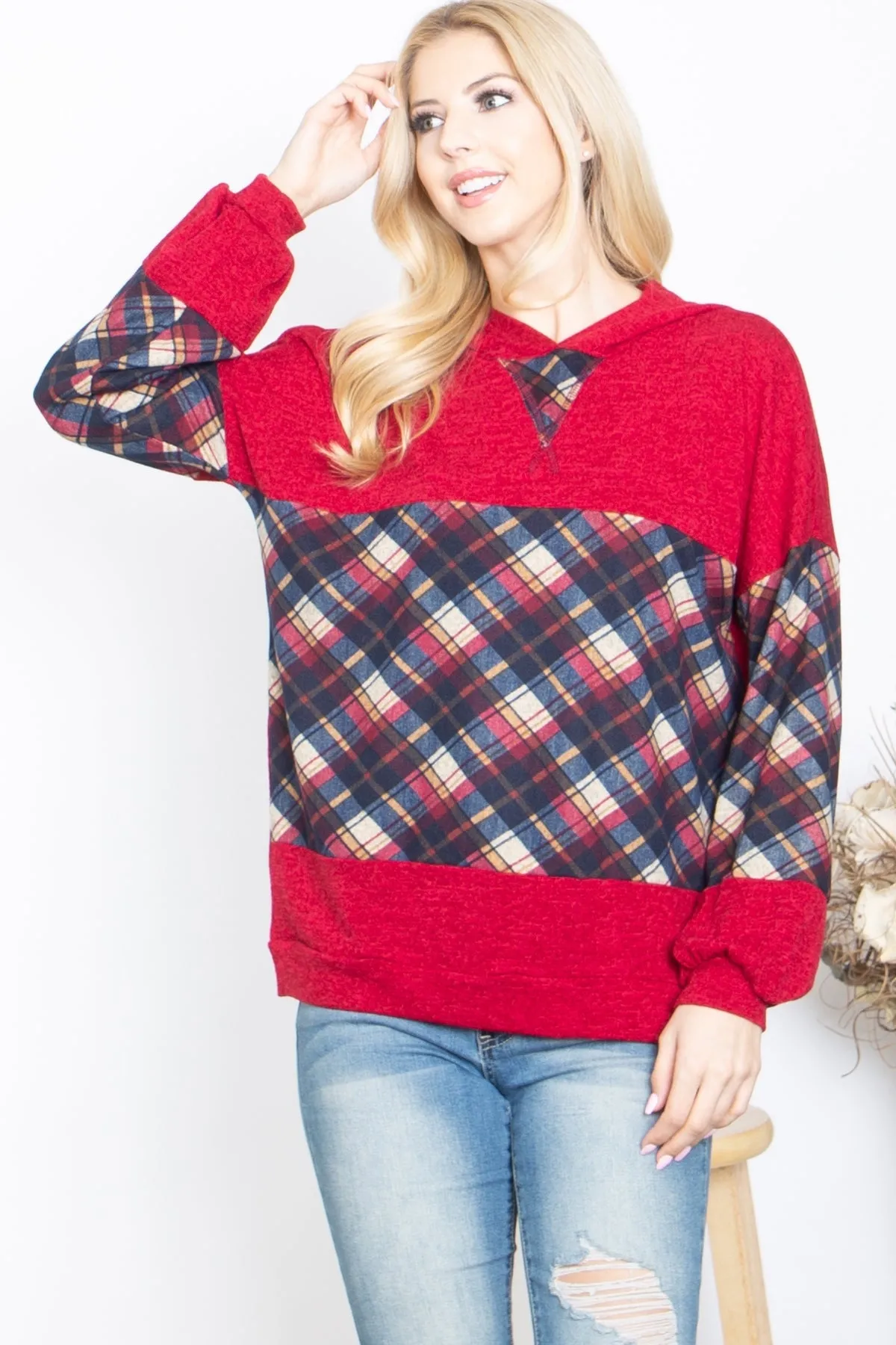 PLAID CONTRAST LONG SLEEVE HOODIE TOP