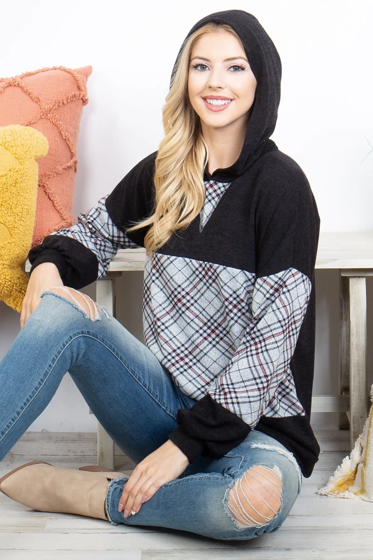 PLAID CONTRAST LONG SLEEVE HOODIE TOP