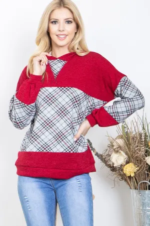 PLAID CONTRAST LONG SLEEVE HOODIE TOP