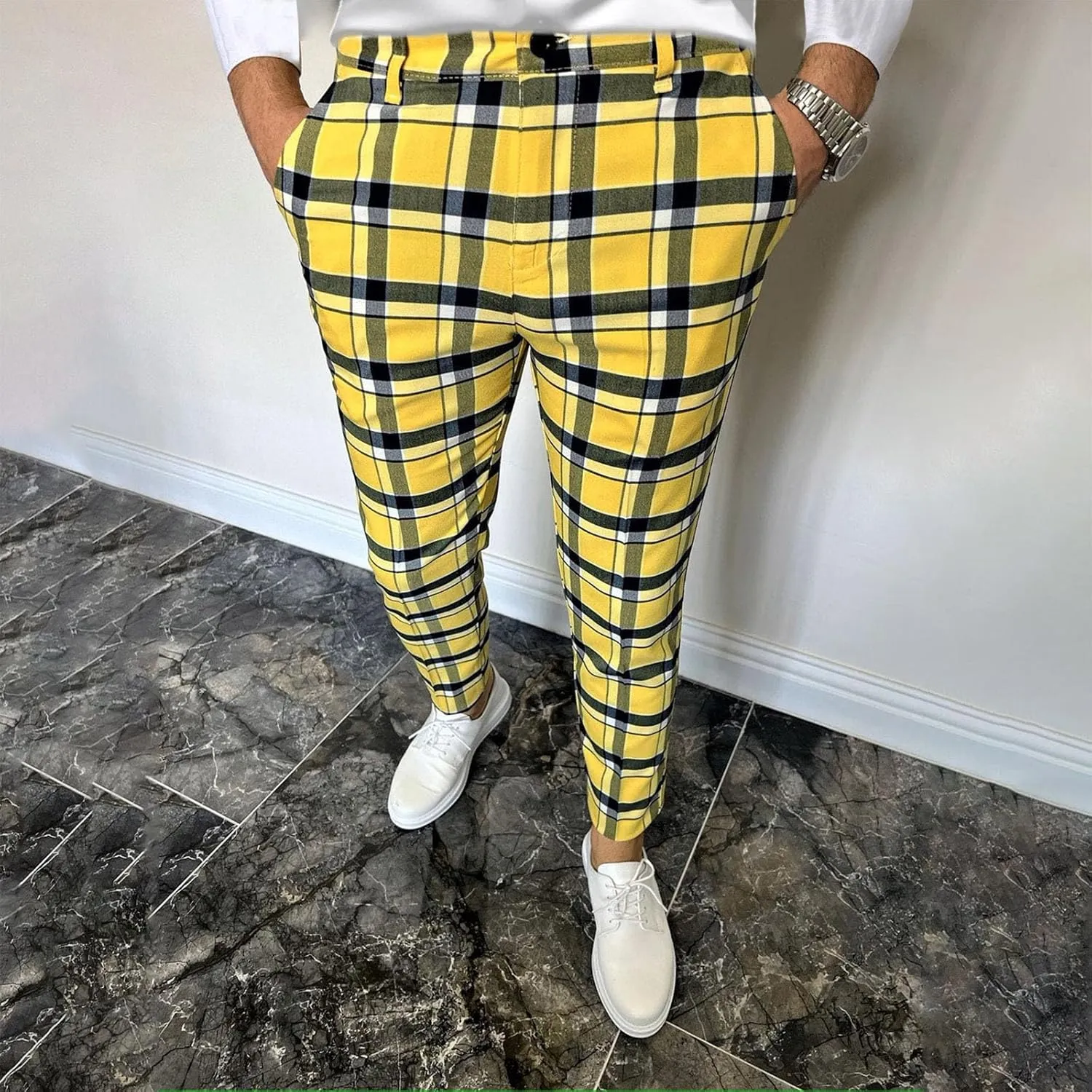 Plaid Print Mens Dress Pants Slim Fit Dress Pants Stretch Skinny Golf Pants Casual Fashion Chino Casual Pants