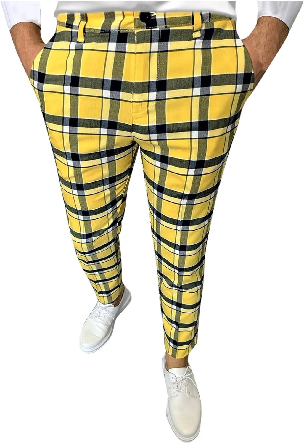 Plaid Print Mens Dress Pants Slim Fit Dress Pants Stretch Skinny Golf Pants Casual Fashion Chino Casual Pants