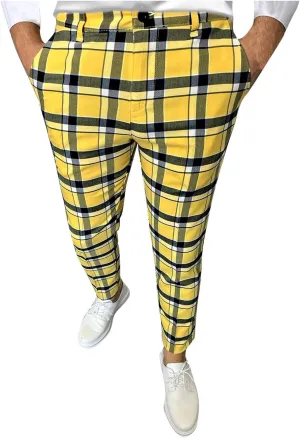 Plaid Print Mens Dress Pants Slim Fit Dress Pants Stretch Skinny Golf Pants Casual Fashion Chino Casual Pants