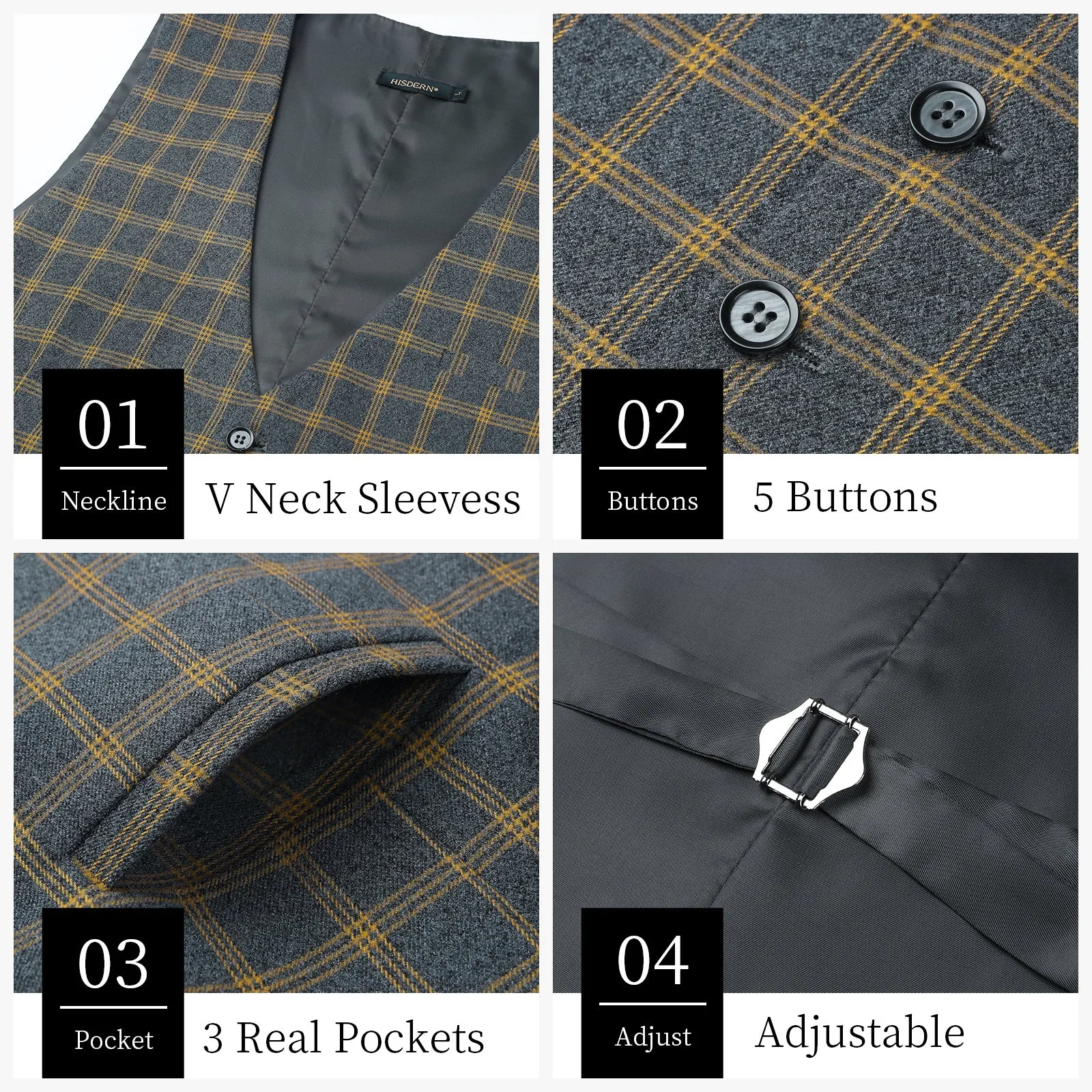 Plaid Slim Suit Vest - B-DARK GREY