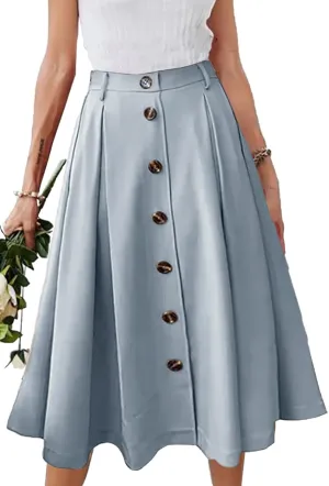 Pleated A-line Midi Skirt Elastic Waist Button Front Casual Flared Long Skirts with Pocket for Women
