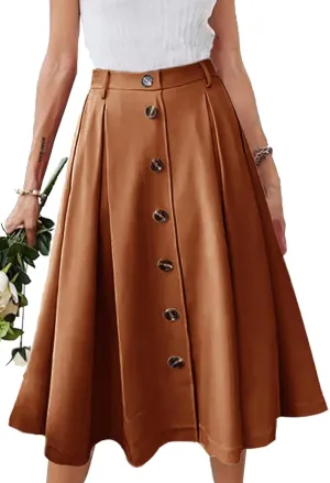 Pleated A-line Midi Skirt Elastic Waist Button Front Casual Flared Long Skirts with Pocket for Women