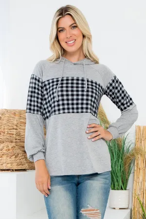 PPT21542-HGGYCB - PLAID CONTRAST PUFF SLEEVE HOODIE TOP- HEATHER GREY-GREY COMBO 1-1-1-1