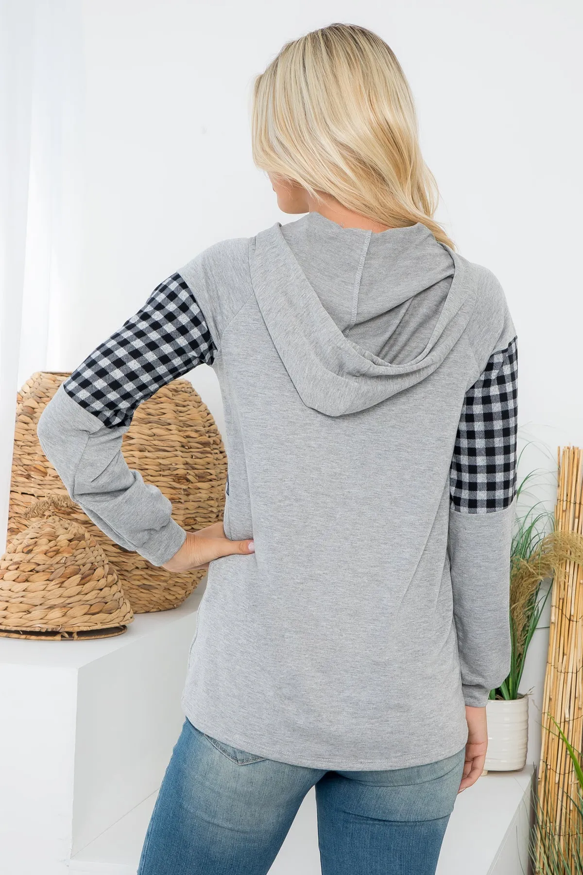 PPT21542-HGGYCB - PLAID CONTRAST PUFF SLEEVE HOODIE TOP- HEATHER GREY-GREY COMBO 1-1-1-1
