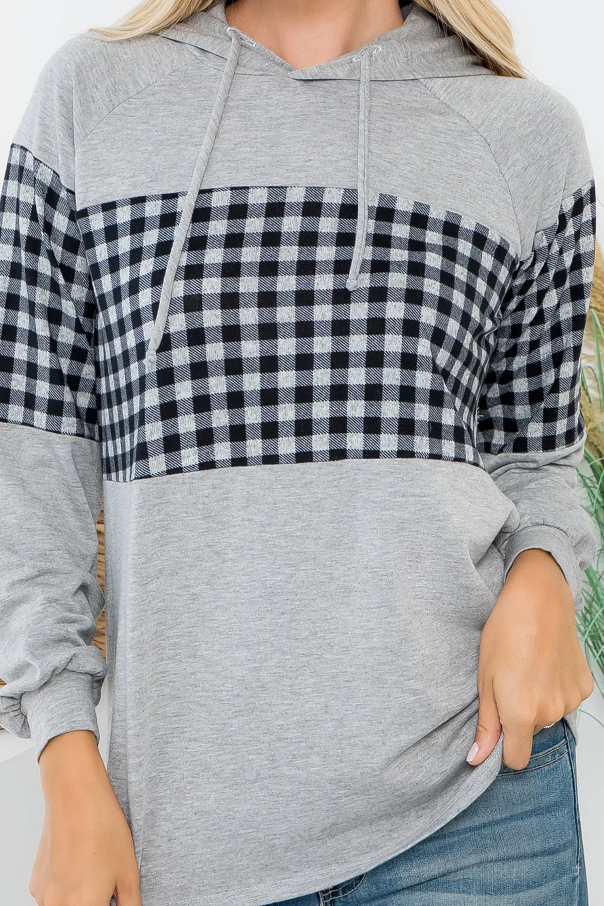PPT21542-HGGYCB - PLAID CONTRAST PUFF SLEEVE HOODIE TOP- HEATHER GREY-GREY COMBO 1-1-1-1