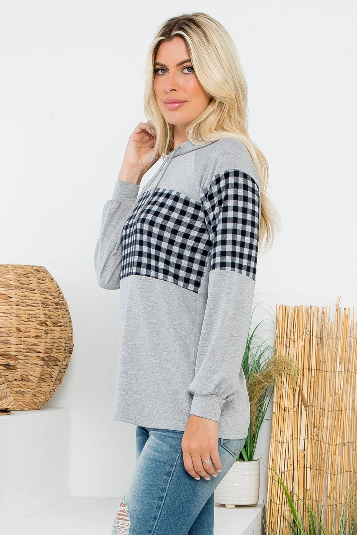 PPT21542-HGGYCB - PLAID CONTRAST PUFF SLEEVE HOODIE TOP- HEATHER GREY-GREY COMBO 1-1-1-1