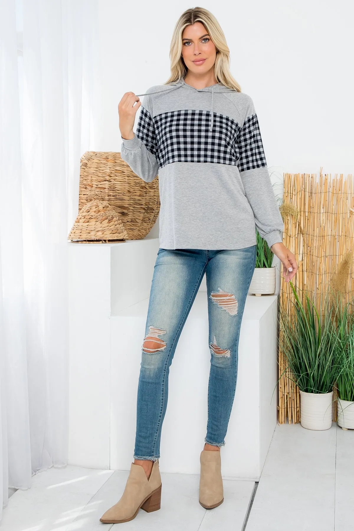 PPT21542-HGGYCB - PLAID CONTRAST PUFF SLEEVE HOODIE TOP- HEATHER GREY-GREY COMBO 1-1-1-1