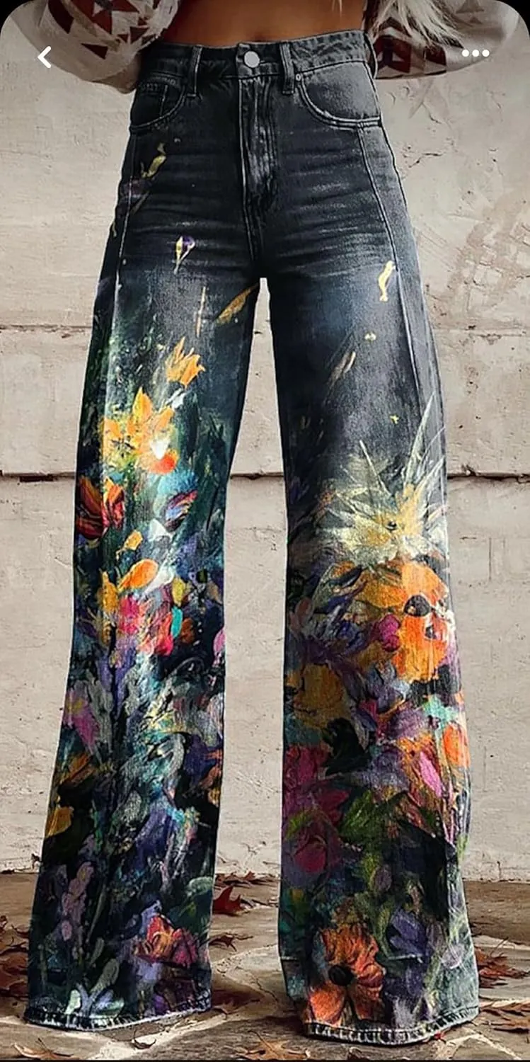 Printed Jeans for Women, Wide Leg Jeans Woman Vintage, Vintage Floral Graphic, 2025 Summer Wide Leg Dark Wash 90s Jean