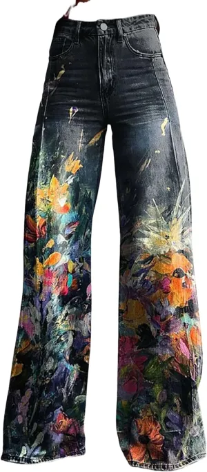 Printed Jeans for Women, Wide Leg Jeans Woman Vintage, Vintage Floral Graphic, 2025 Summer Wide Leg Dark Wash 90s Jean
