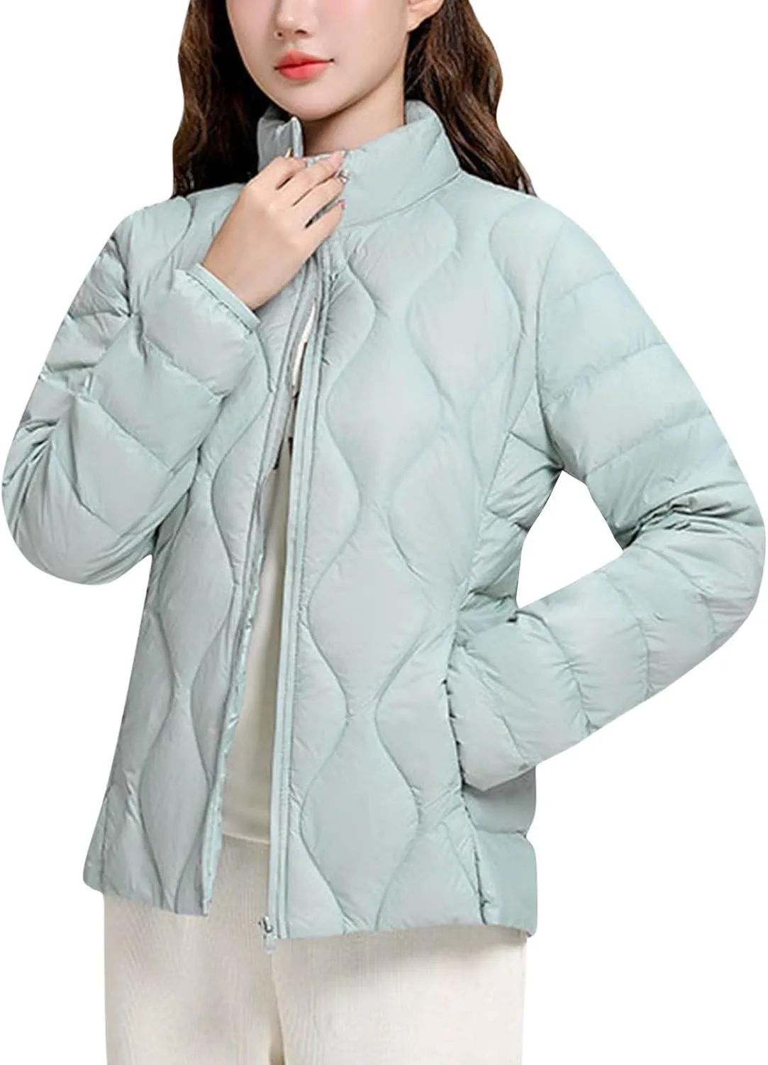 Quilted Lightweight Jacket for Women Plus Size Short Puffer Coats Stand Collar Zip Up Warm Down Jacket Fall Winter