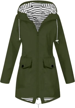 Rain Jacket For Women Lightweight Raincoat Waterproof Windbreaker Striped Lined Climbing Outdoor Hooded Trench Coat