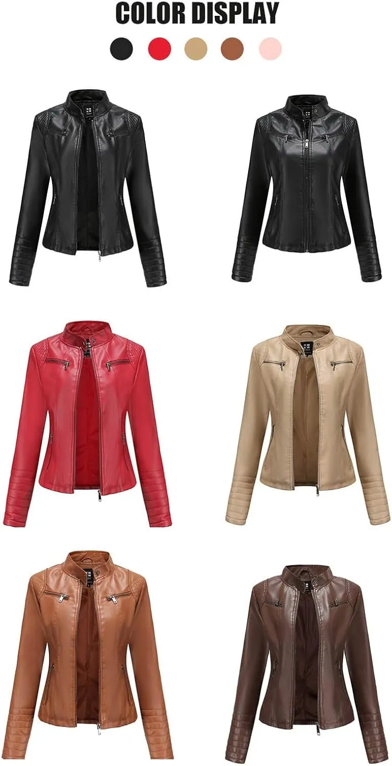 Red Leather Jacket Stand-Up Collar Zipper Stitching Solid Color Jacket Winter Jackets for Women Leather Jacket