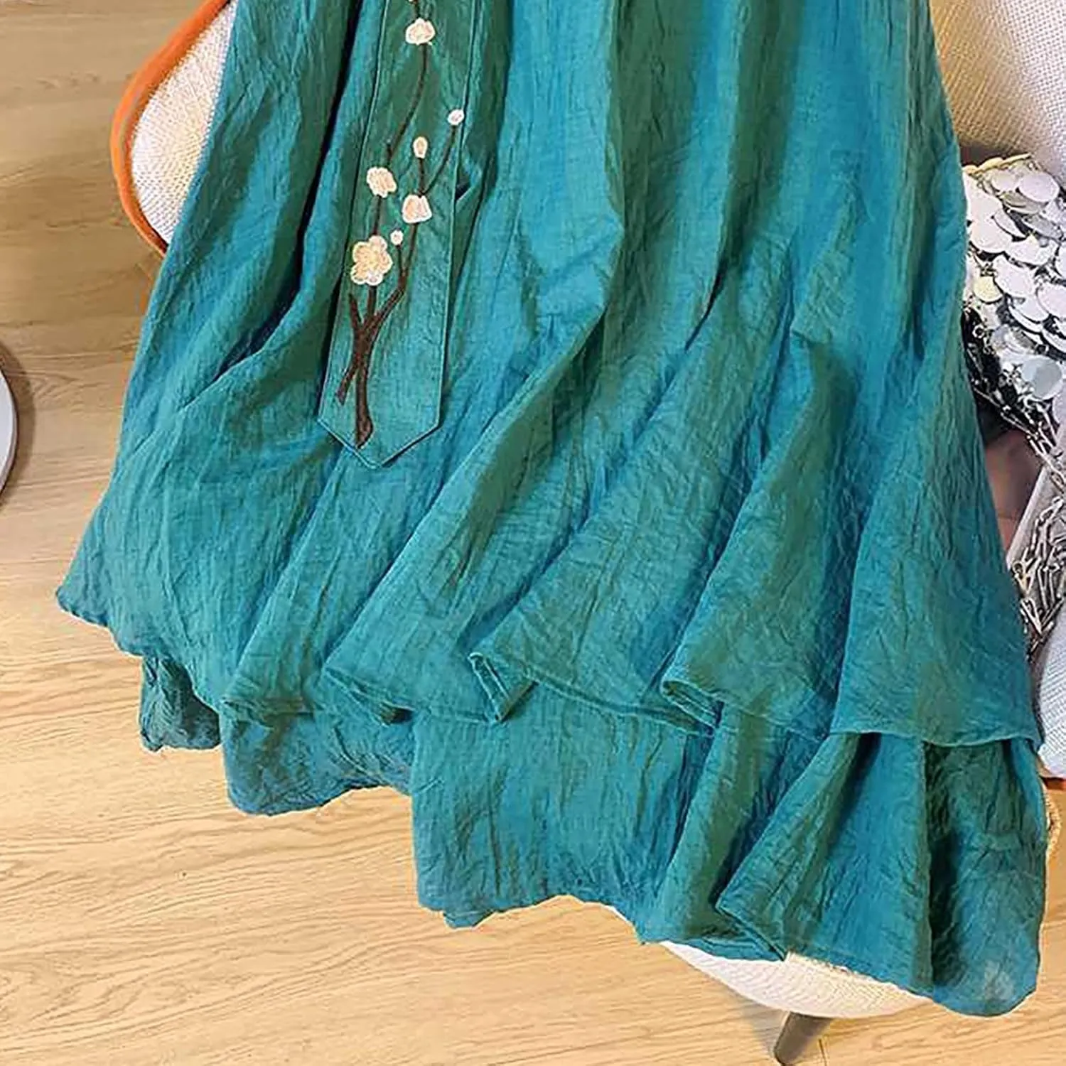 Retro Embroidery Midi Skirt for Women Lightweight Double Layer Cotton Linen Skirts Flowy Ruffle Hem Swing Skirt