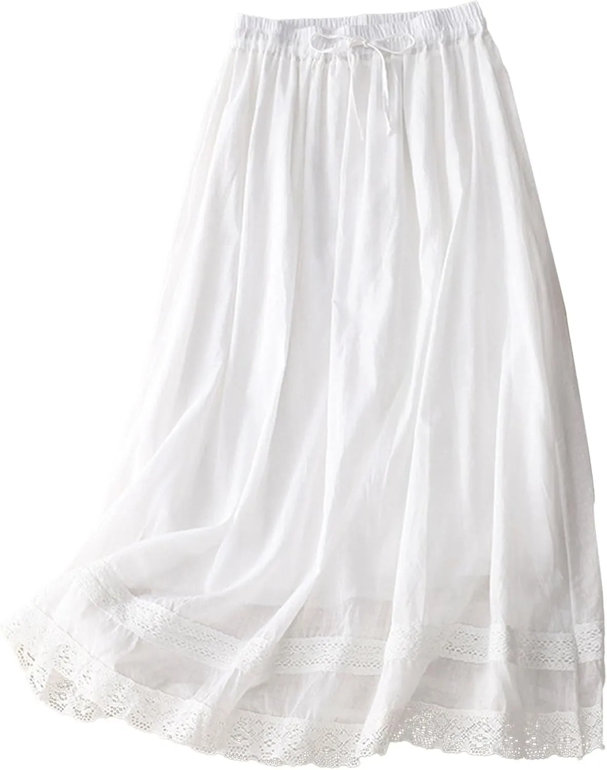 Retro Embroidery Midi Skirt for Women Lightweight Double Layer Cotton Linen Skirts Flowy Ruffle Hem Swing Skirt