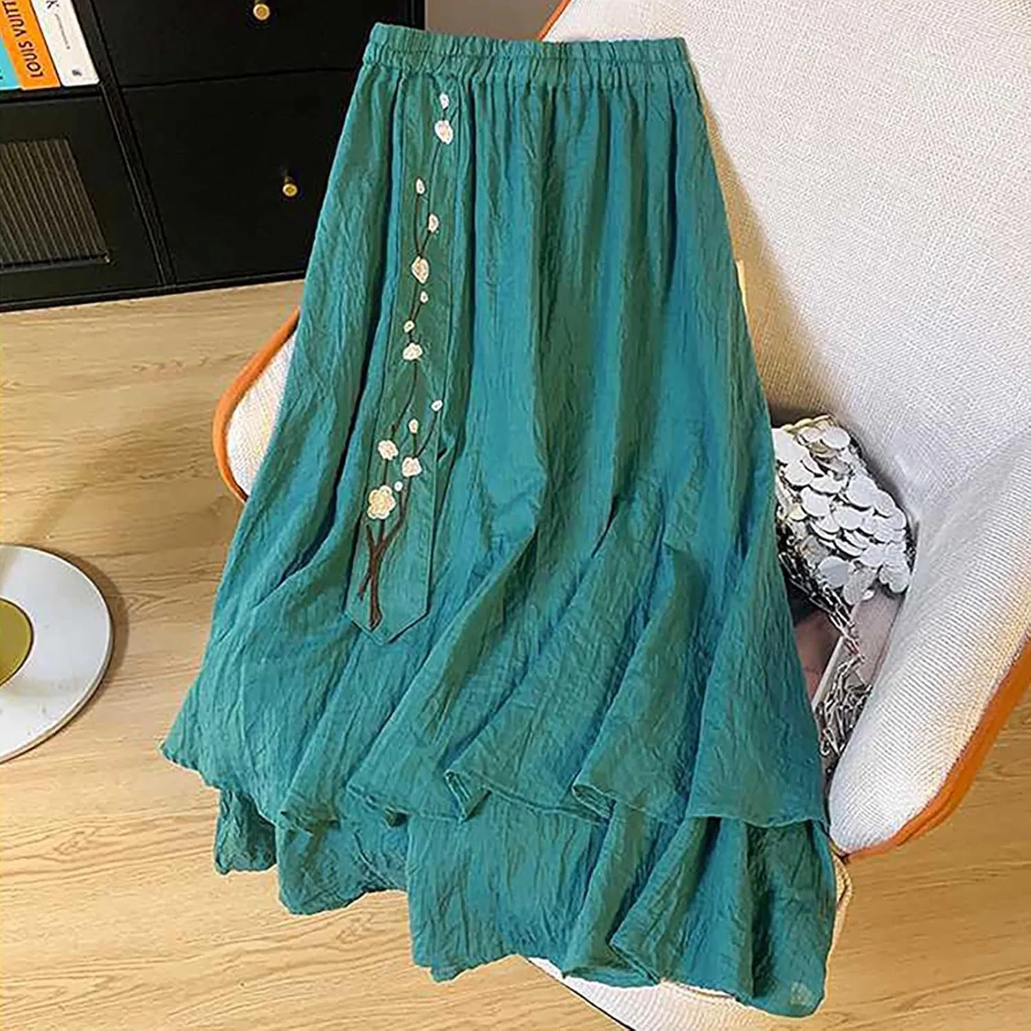 Retro Embroidery Midi Skirt for Women Lightweight Double Layer Cotton Linen Skirts Flowy Ruffle Hem Swing Skirt