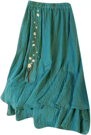 Retro Embroidery Midi Skirt for Women Lightweight Double Layer Cotton Linen Skirts Flowy Ruffle Hem Swing Skirt