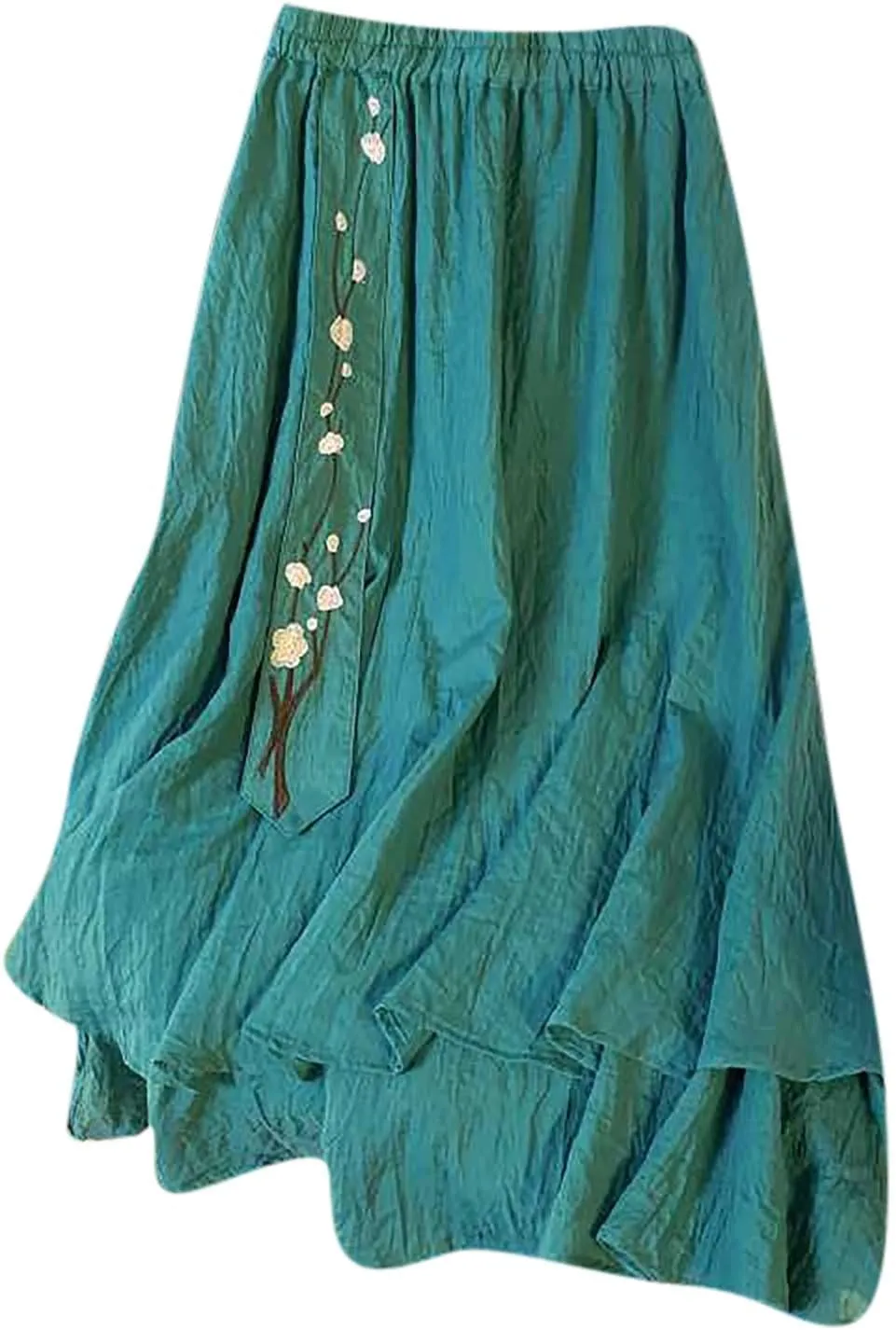 Retro Embroidery Midi Skirt for Women Lightweight Double Layer Cotton Linen Skirts Flowy Ruffle Hem Swing Skirt