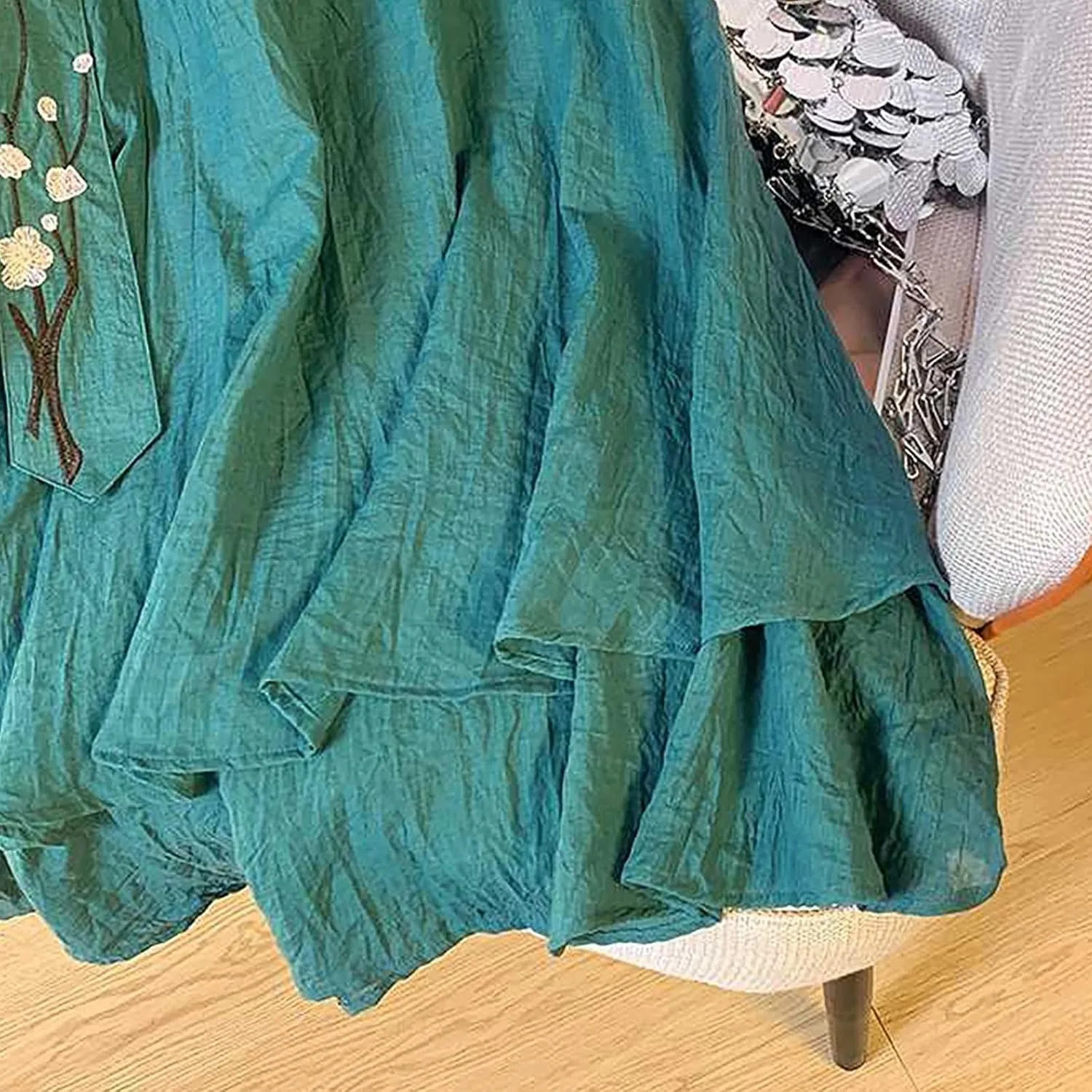 Retro Embroidery Midi Skirt for Women Lightweight Double Layer Cotton Linen Skirts Flowy Ruffle Hem Swing Skirt