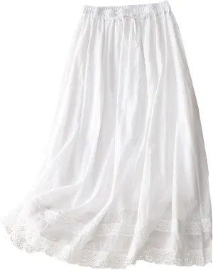 Retro Embroidery Midi Skirt for Women Lightweight Double Layer Cotton Linen Skirts Flowy Ruffle Hem Swing Skirt