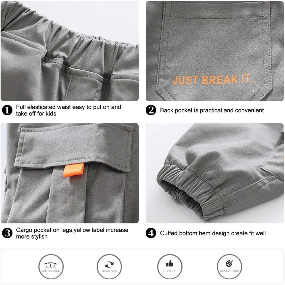 Rolanko Boys' Cargo Pants Casual Kids Joggers Elastic Waist Outdoor Hiking Baggy Trousers 4-14 Years