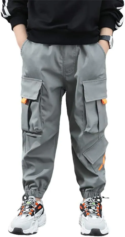 Rolanko Boys' Cargo Pants Casual Kids Joggers Elastic Waist Outdoor Hiking Baggy Trousers 4-14 Years