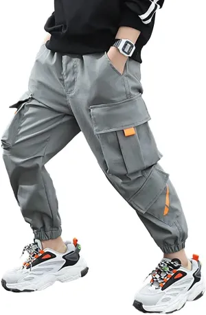 Rolanko Boys' Cargo Pants Casual Kids Joggers Elastic Waist Outdoor Hiking Baggy Trousers 4-14 Years