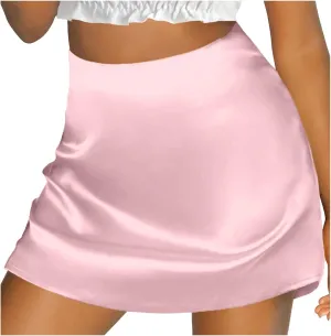 Satin Short Skirts for Women Silk Mini Skirt High Waisted A-Line Zipper Skirts Casual Soild Color Party Skorts Club Y2k Skirt