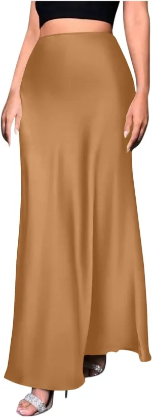 Satin Skirt for Women High Waist A Line Comfy Midi Length Skirt Elegant Cocktail Party Wedding Flared Casual Skirts