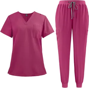 Scrubs for Women Short Sleeved V-Neck Workwear Solid Color Medical Uniform Top and Pants Quick Drying Set