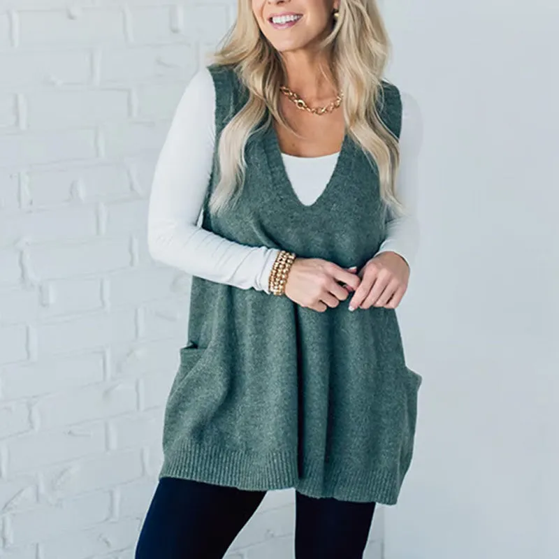 Seasonal Offer 49% OFFWomen's Loose-Fit V-Neck Sweater Vest with Pockets