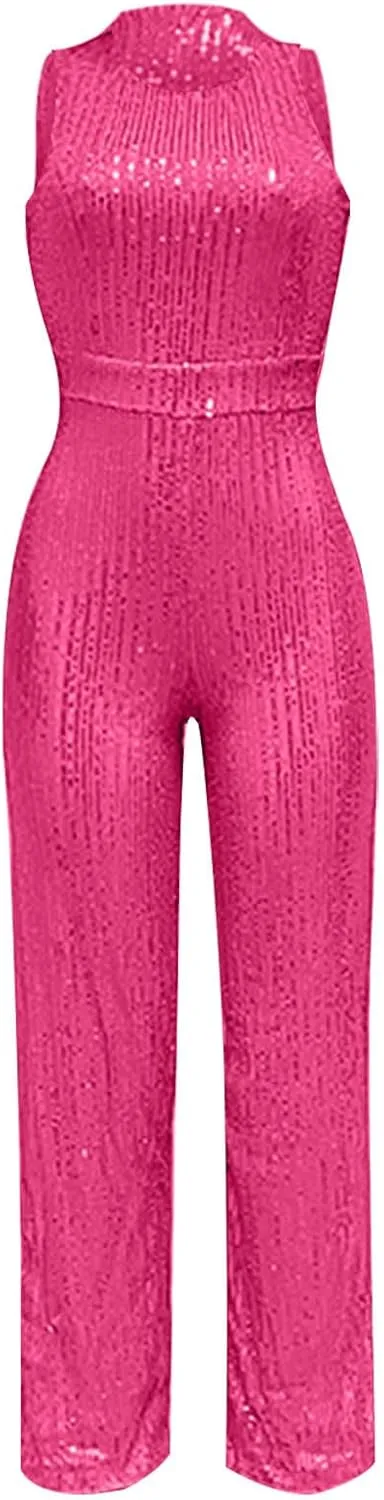 Sequin Jumpsuits For Women Summer Comfy Sleeveless Crewneck Open Shoulder Pants Romper High Rise One Piece Outfits