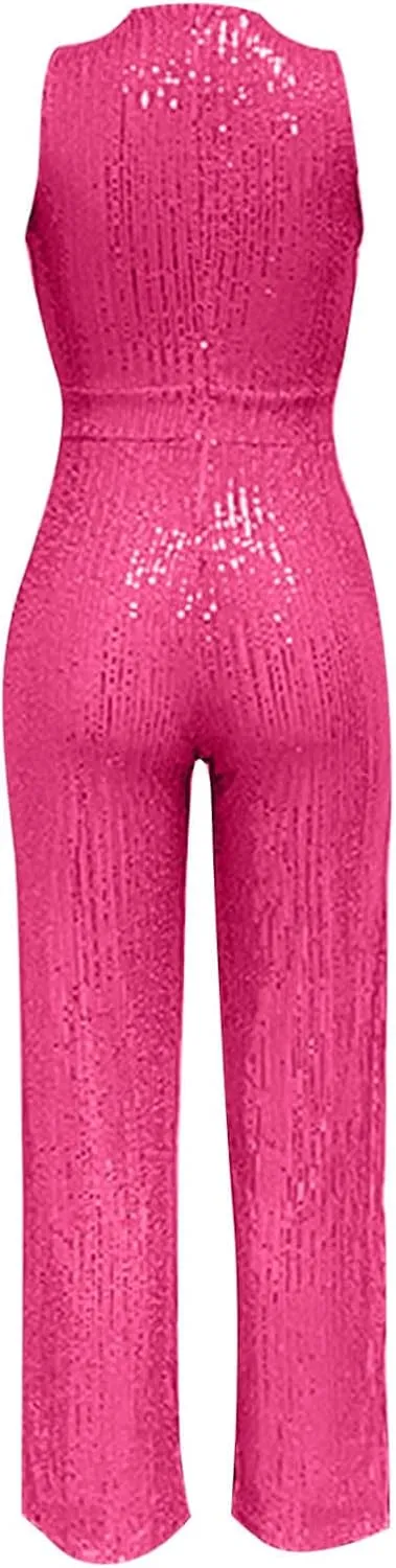 Sequin Jumpsuits For Women Summer Comfy Sleeveless Crewneck Open Shoulder Pants Romper High Rise One Piece Outfits