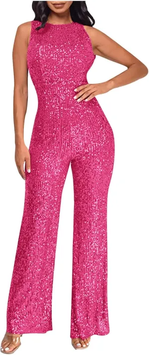 Sequin Jumpsuits For Women Summer Comfy Sleeveless Crewneck Open Shoulder Pants Romper High Rise One Piece Outfits