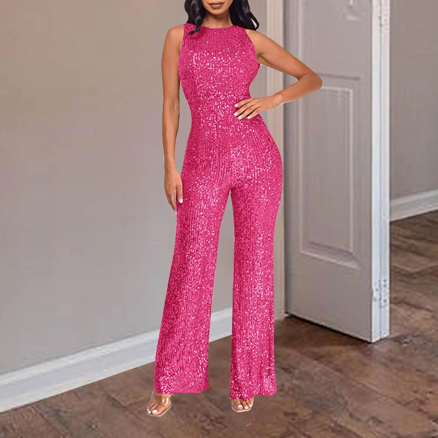 Sequin Jumpsuits For Women Summer Comfy Sleeveless Crewneck Open Shoulder Pants Romper High Rise One Piece Outfits