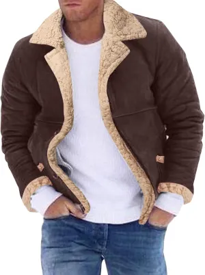 Shearling Coat Men Sheepskin Faux Leather Jacket Fleece Sherpa Lined Bomber Jacket Crop Warm Winter Trench Coat Pocket