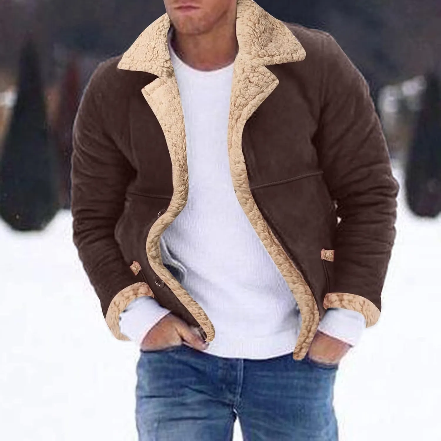 Shearling Coat Men Sheepskin Faux Leather Jacket Fleece Sherpa Lined Bomber Jacket Crop Warm Winter Trench Coat Pocket