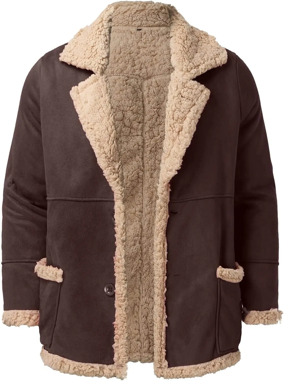 Shearling Coat Men Sheepskin Faux Leather Jacket Fleece Sherpa Lined Bomber Jacket Crop Warm Winter Trench Coat Pocket